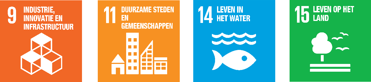 Global Goal 9: Industrie, innovatie en infrastructuur, Global Goal 11: Duurzame steden en gemeenschappen, Global Goal 14: Leven in het water en Global Goal 15: Leven op het land